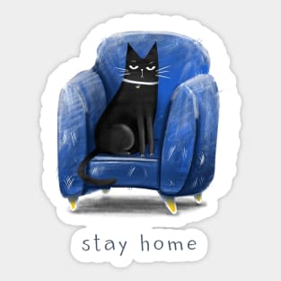 Cartoon black cat in a blue armchair and the inscription "Stay home". Sticker